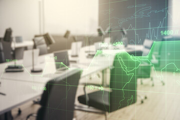 Multi exposure of stats data illustration on a modern furnished office background, computing and...