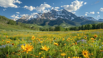 Fototapeta premium Mountain Landscape in Spring: Capture the stunning beauty of mountains in springtime, with blooming flowers,