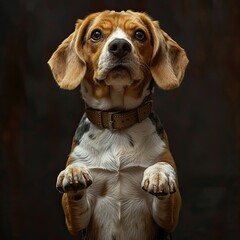 A beagle standing on hind legs like a human, facing the camera, photorealistic