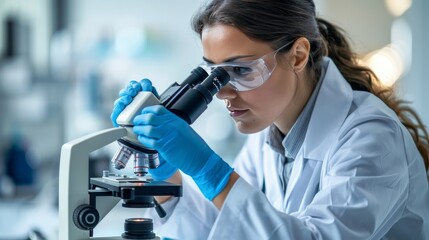 Female Scientist Using Microscope in Modern Laboratory for Research