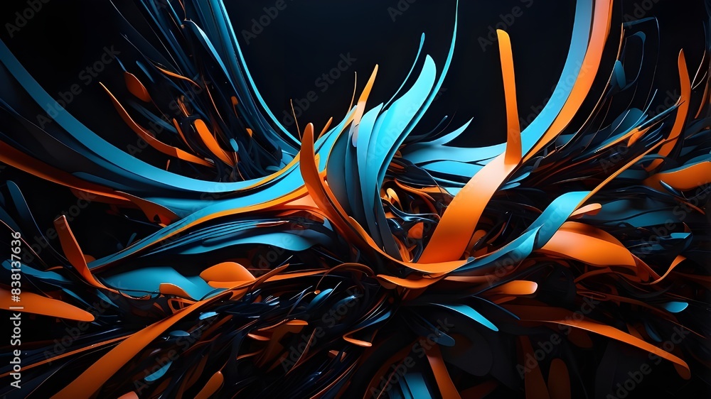 Aufkleber a striking visual of abstract futurism, with neon blue and orange glows pulsating against a dark bac