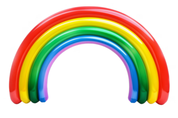A rainbow made of balloons is stretched out on a white background
