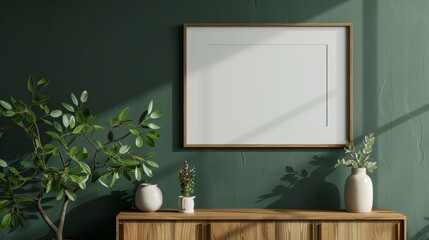 Mounted on a wooden cabinet is a mockup photo frame in dark green.