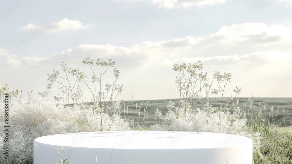 Poster on transparent background, white podium with product presentation in meadow. 3d rendering