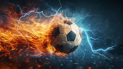 Soccer ball with flames and lightning flying