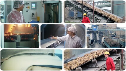 Sugar Manufacturing - Conceptual Multiscreen Video Montage. Sugar Warehouse Worker at Work. Sugar Bag Palletizing and Pallet Wrapping. Sugar Factory. Sugar Packaging Line.