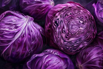Obraz premium Harvest of Purple cabbage in the garden in the warm rays of the sun. The concept of growing vegetables without GMOs, small business development, vegetable growing. 