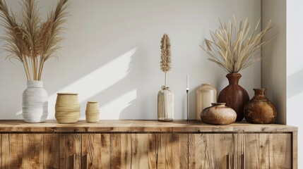 3D rendering of wooden cabinet and accessories on transparent background.