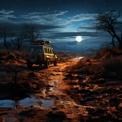 jeep at night on a clay road with a beautiful moon and blue sky