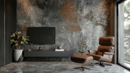 The interior of the living room has a cabinet for the TV and a leather armchair with concrete walls and tables