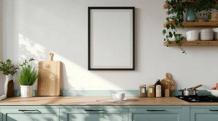 Poster frame mockup with kitchen accessories and interior