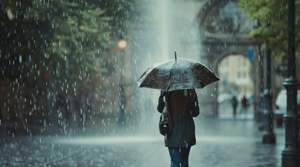 A woman walks with an umbrella in heavy rain.