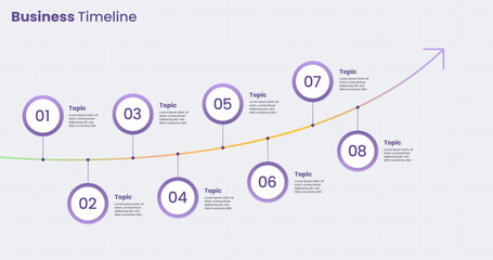 Timeline infographic diagram template for 8 topic business information concept