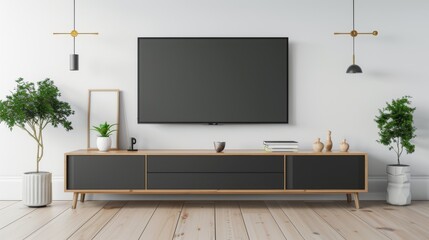 In the living room, a wall hung cabinet television is displayed with decoration and a white background
