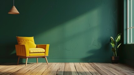 An empty dark green wall background is behind a yellow armchair in a modern wooden living room.