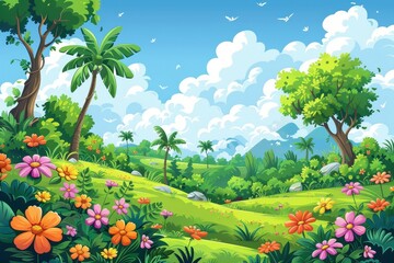 This image presents a vibrant tropical landscape with a variety of colorful flowers, lush greenery, and a clear blue sky