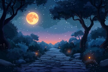 A magical nighttime forest pathway lit by a glowing full moon and stars with hints of dawn on the horizon