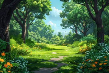 Obraz premium An enchanting forest scene with a winding pathway amid tall trees and flourishing undergrowth in luminous green tones