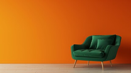 The interior of a home with a green couch and armchair placed on an empty orange background, a 3D rendering of a minimalist room