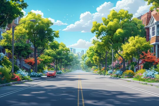 A beautifully landscaped suburban street with homes and a car under a bright sunny sky