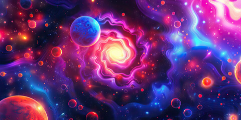 The Quirky Quasar: A vibrant, psychedelic wallpaper featuring swirling galaxies and playful shapes