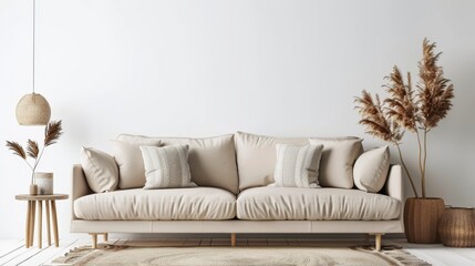 An interior wall mockup of a living room on a white background with a sofa and decor.