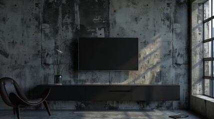 A TV is mounted on a cabinet in a cement room with concrete walls.