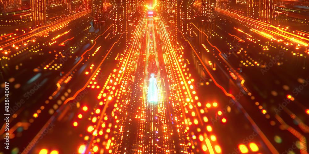Poster the cybernetic cathedral: a towering structure made of glowing code and circuitry, with a holographi