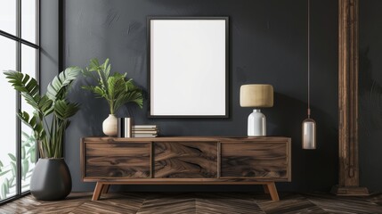 An empty dark wall background with an empty wooden cabinet in the living room interior.
