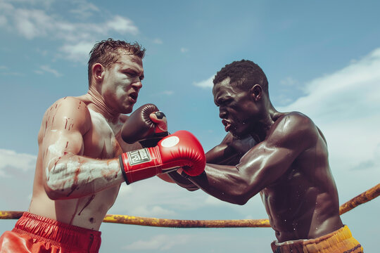 2 race Boxing Duo, Caucasian and African Boxers, Athletic Competition, Sports Unity, Powerful Boxing banner, Fitness Enthusiasts, Dynamic Sports Action, Boxers in Action, two man fighting wrestling