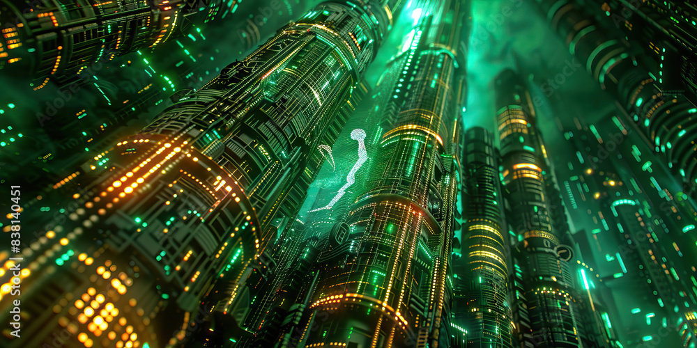 Poster the cybernetic cathedral: a towering structure made of glowing code and circuitry, with a holographi
