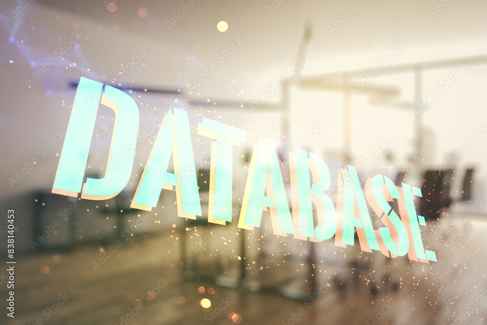 Poster double exposure of database word sign on a modern furnished office background, global research and a
