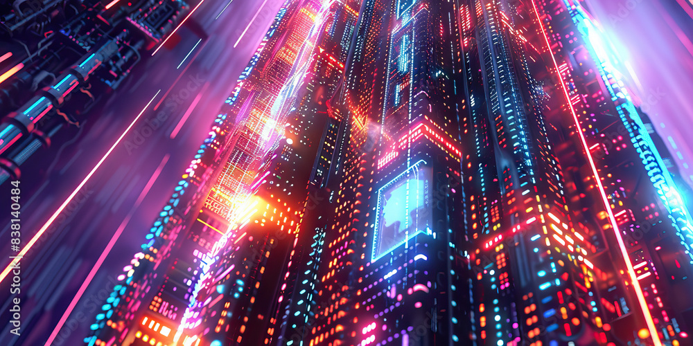 Poster the cybernetic cathedral: a towering structure made of glowing code and circuitry, with a holographi