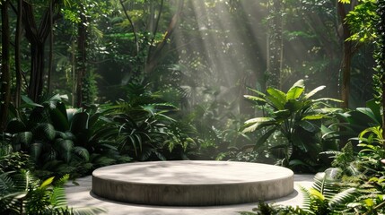 A concrete podium in a tropical forest with a green background serves as a platform for presenting products.