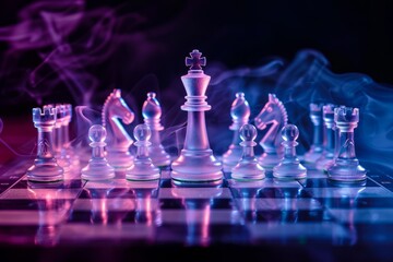 Beautiful glass chess on a glass board in neon light. Concept for developing critical and abstract thinking, concentration, creativity, problem solving, celebrating international chess day.