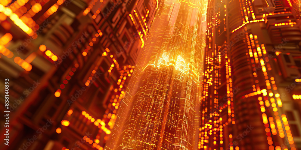 Poster the cybernetic cathedral: a towering structure made of glowing code and circuitry, with a holographi