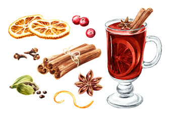 Glass of mulled wine with ingredient set, Hand drawn watercolor illustration isolated on white background