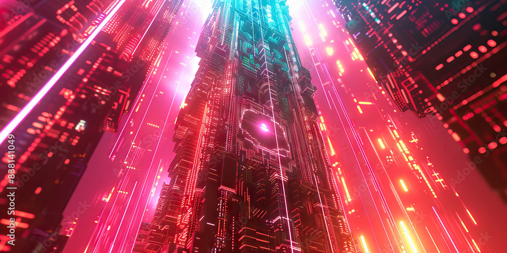 Poster the cybernetic cathedral: a towering structure made of glowing code and circuitry, with a holographi