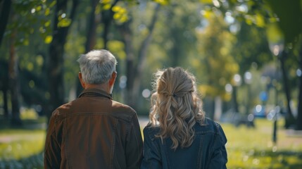 Obraz premium Stylish smart casual senior grey white hair couple man woman spouse boyfriend girlfriend lover partner pensioner retiree grandfather grandmother walking away looking at the distance in green park