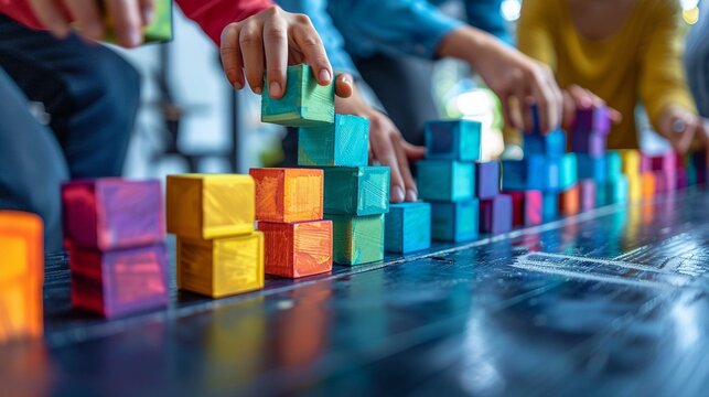 Collaborative Bridge Team members building a bridge out of digital blocks, symbolizing connecting ideas