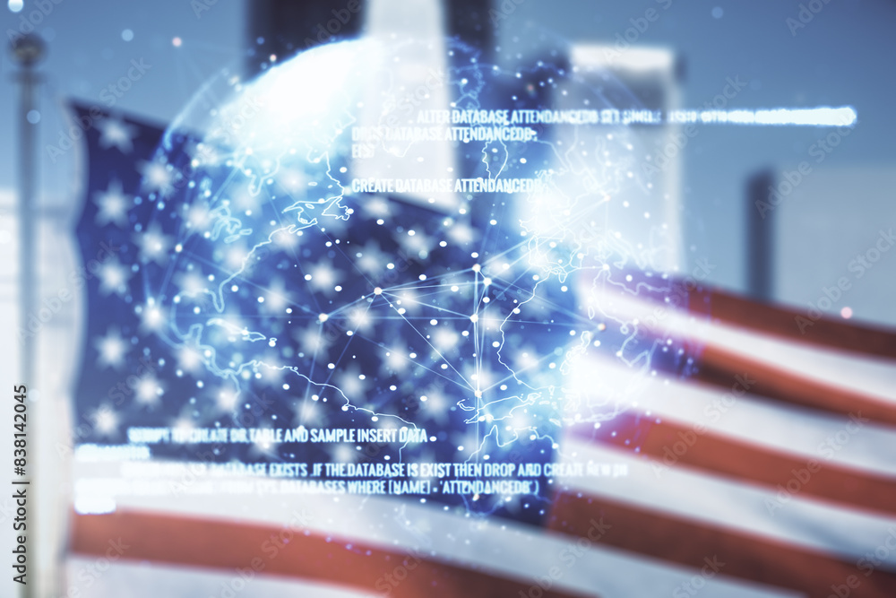 Aufkleber multi exposure of abstract graphic coding sketch and world map on us flag and skyline background, bi