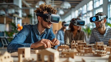 Virtual Collaboration Team members with VR headsets building a digital model, symbolizing remote teamwork