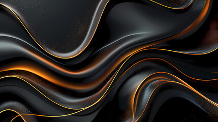 Abstract flowing lines with golden accents on a glossy black background, creating a sense of fluidity and elegance.