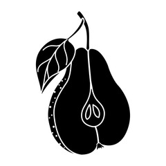 Pear silhouette icon simple fruit element. Sliced black pear with leaves Isolated illustration. Half pear silhouette, Inversion vector illustration.