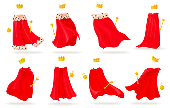 Royal cloaks. Invisible king mantle red cape, monarchy coronation attributes scepter crown orb queen princess robe medieval clothes dress garment, cartoon neat vector illustration