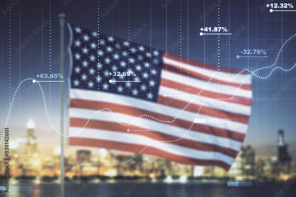 Poster multi exposure of abstract virtual graphic data spreadsheet sketch on us flag and skyline background