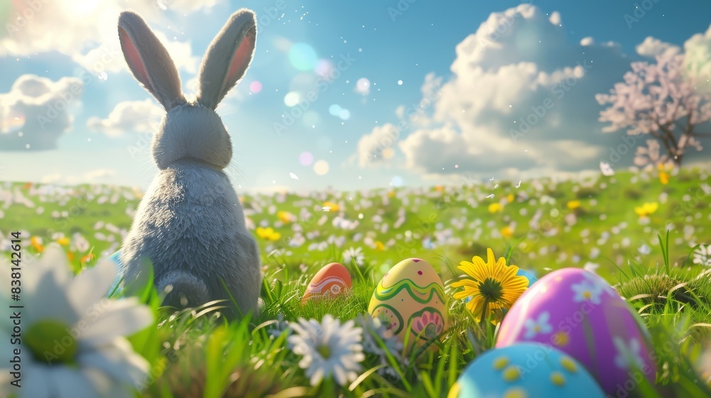 Poster three-dimensional rendering of bunnies with colorful eggs and daisies in a meadow under a beautiful 