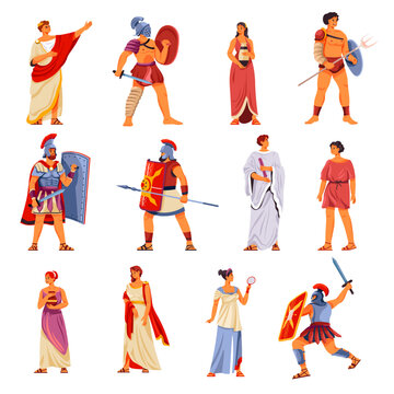 Ancient rome characters. Historic roman greek people greece civilization, gladiator auxiliary soldier caesar emperor hierarchy aristocrat class in toga, recent vector illustration