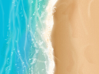 Realistic sea beach top view. Sand shore ocean wave coastline beautiful aerial background, sandy desert marine foam texture tropical coast, travel tourism exact vector illustration