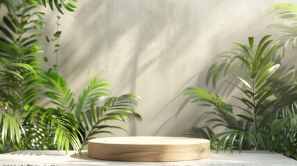 The photo shows a circle wooden plinth in tropical forest and a cream colored backdrop.